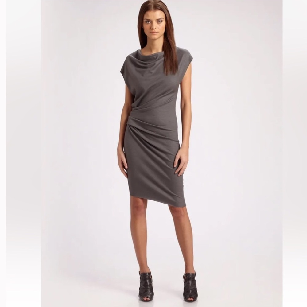 Helmut Lang sonar Dark Gray Asymmetric Ruched Jersey Dress Draped Mini